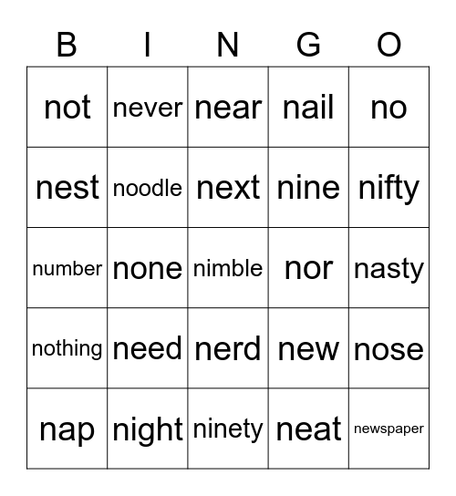 N Words Bingo Card
