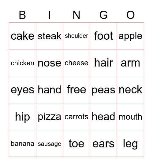 Unit 4 Lunchtime and Body Parts Bingo Card