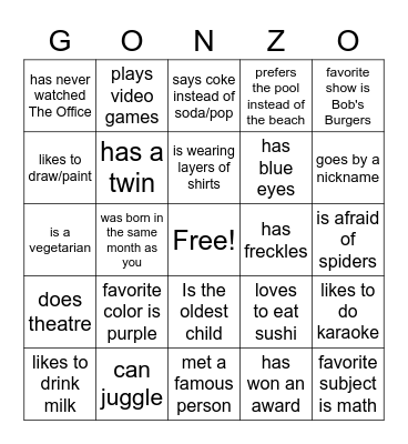 Get to know your classmates Bingo Card