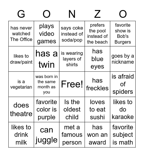 Get to know your classmates Bingo Card