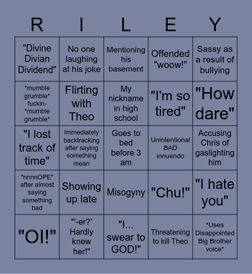 Plz dont hate me Riley Bingo Card