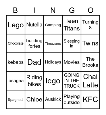 Cooper & Christians 8th Birthday Bingo Card