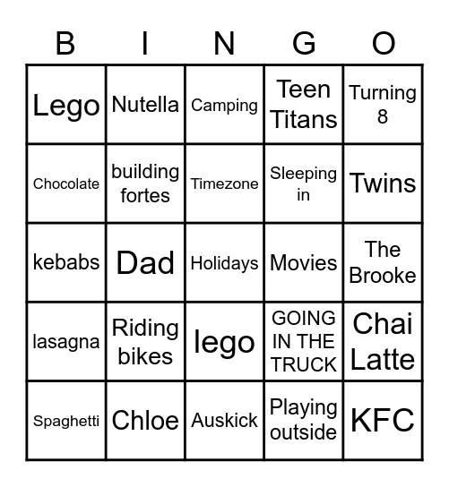 Cooper & Christians 8th Birthday Bingo Card