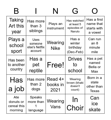 First Day Bingo Card