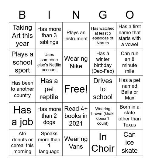 First Day Bingo Card