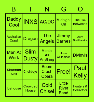 Aussie Pub Rock Bingo Card