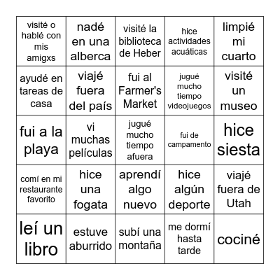 MI VERANO Bingo Card