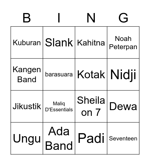 Band Indonesia Bingo Card