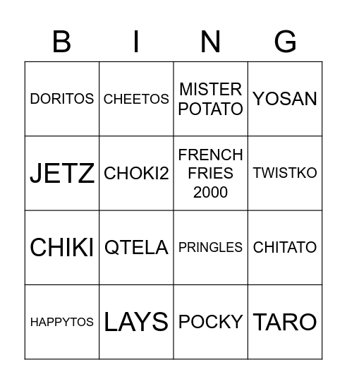 Snack Bingo Card