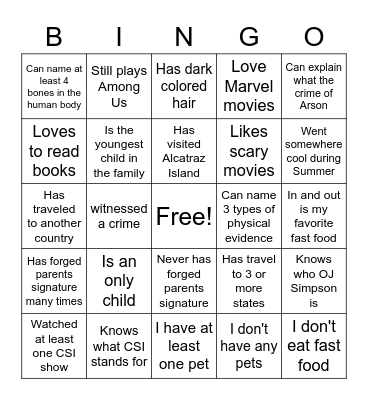Forensics Science day 1 Bingo Card