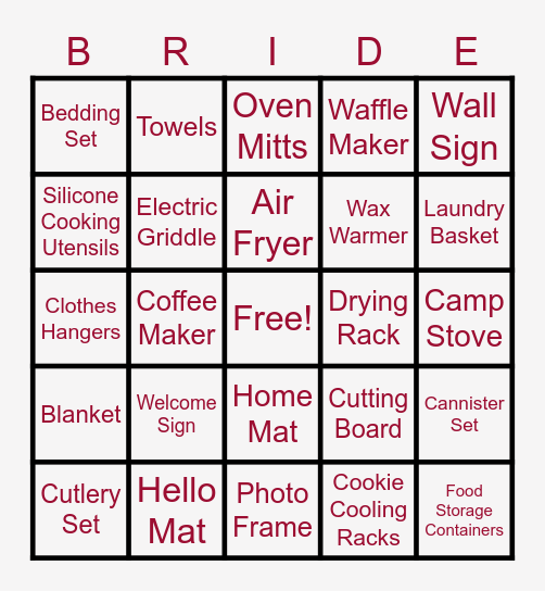 Bridal Shower BINGO Card