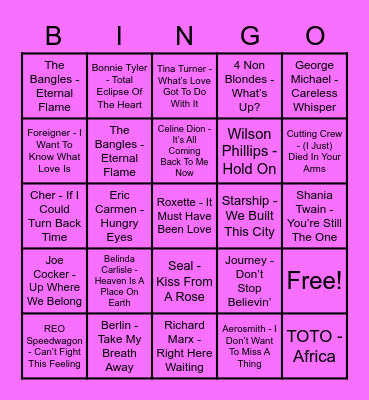 Power Ballads Bingo Card
