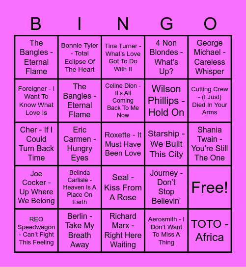 Power Ballads Bingo Card