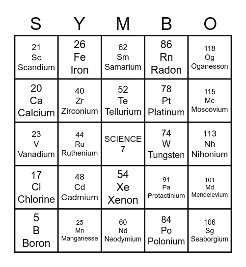 SYMBO SCIENCE 7 Bingo Card