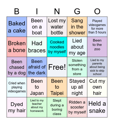 Never have I ever Bingo Card
