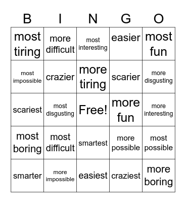 Comparatives and Superlatives Bingo Card