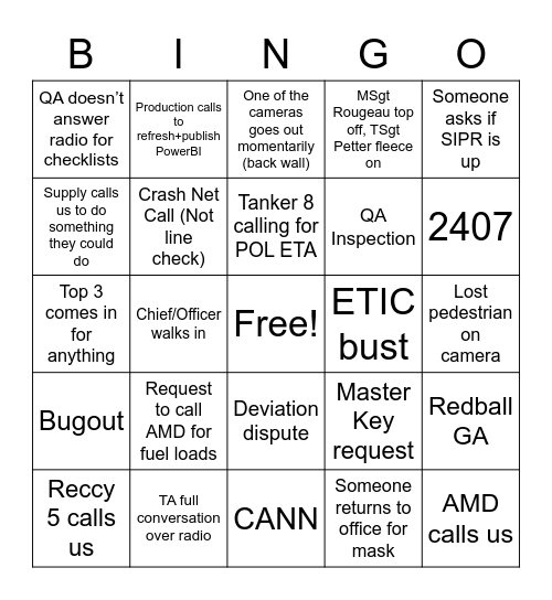 Day Shift Bingo Card