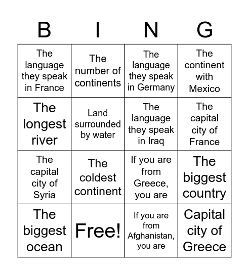 Geography BINGO! Bingo Card