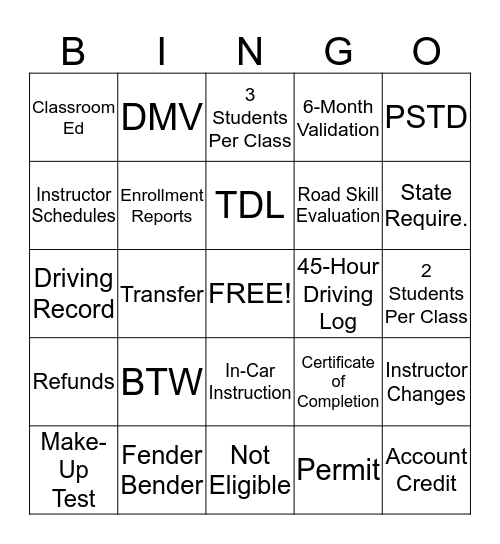 Behind the Wheel Bingo Card
