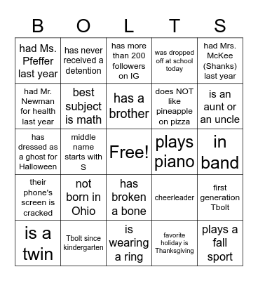BOLTS Bingo Card