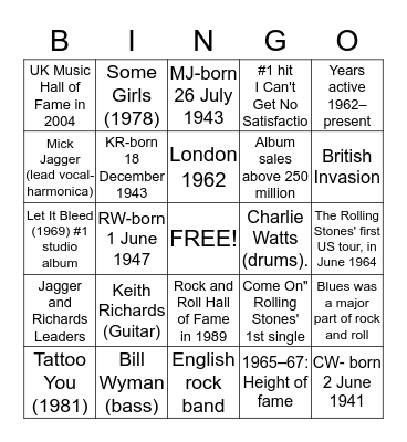 Rolling Stones Bingo Card