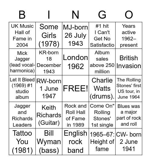 Rolling Stones Bingo Card