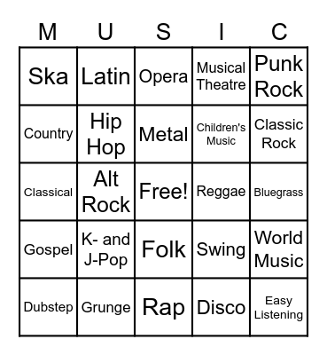 Ms. CB - Music Genres Bingo Card