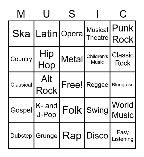 Ms. CB - Music Genres Bingo Card