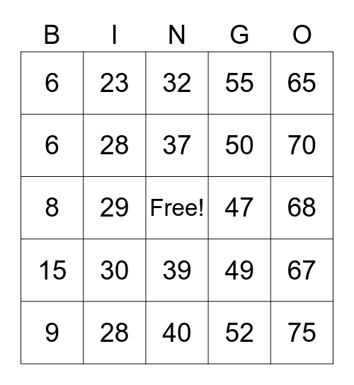 Number Bingo 1-75 Bingo Card