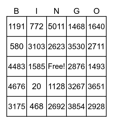 Whole Number Addition and Subtraction Bingo Card