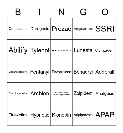 Medications Bingo Card