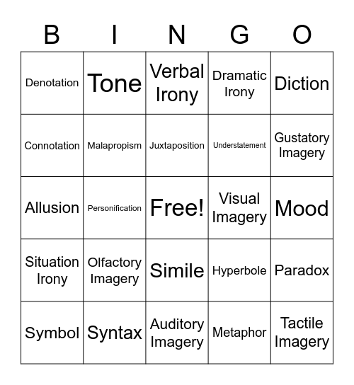 Lit Device Bingo Card