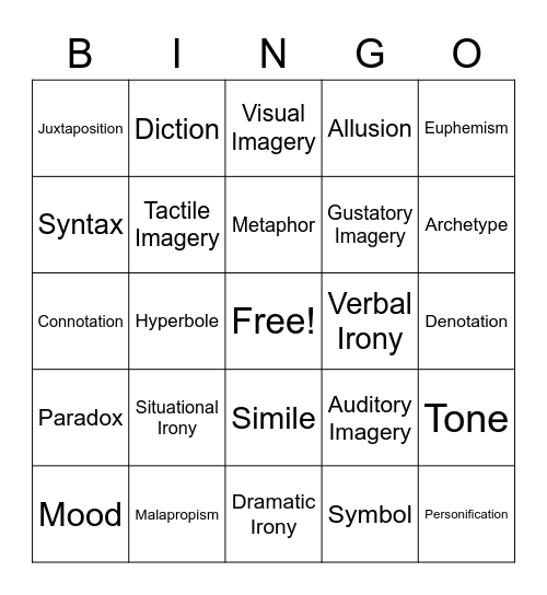 Lit Device Bingo Card