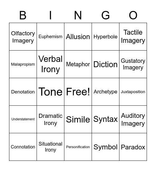 Lit Device Bingo Card