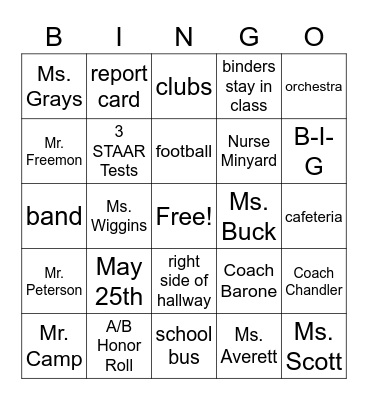 7th Grade Berry Bears Bingo Card