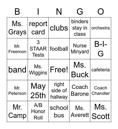 7th Grade Berry Bears Bingo Card
