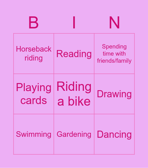 Hobbies and Interests Bingo Card