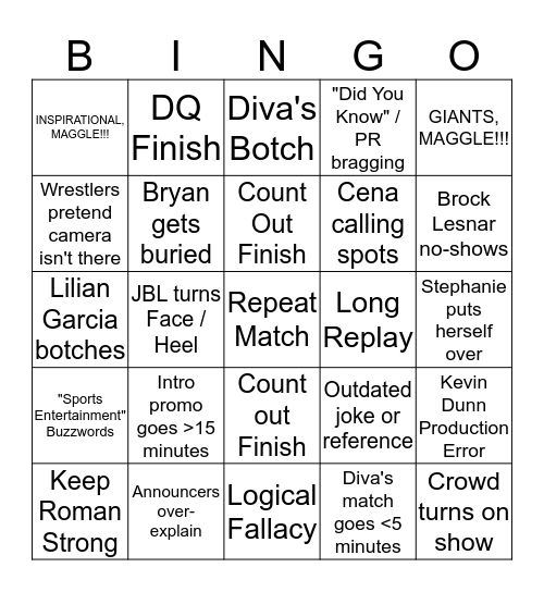 The Rob Kaufman Channel - WWE RAW Bingo Card