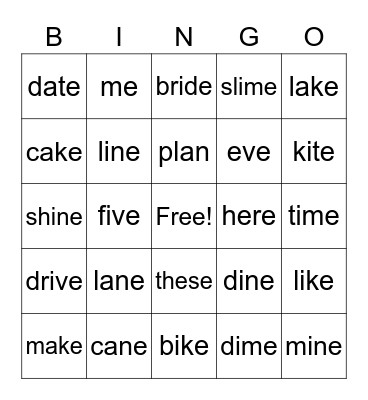 LONG A E I Bingo Card
