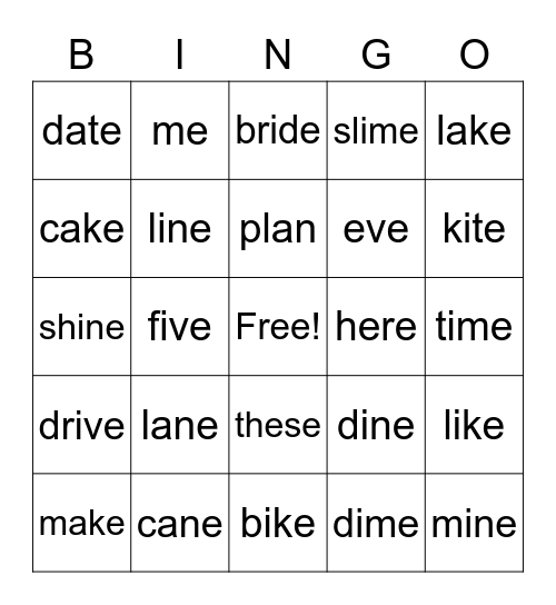 LONG A E I Bingo Card