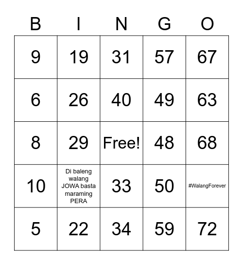 Number Bingo 1-75 Bingo Card