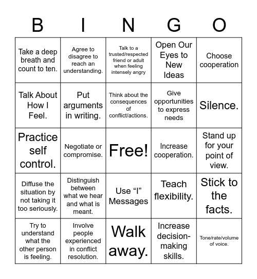 Conflict Resolution Bingo Card