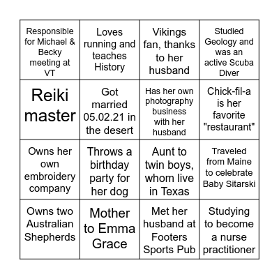 Becky's Baby Shower Ice Breaker Bingo Card