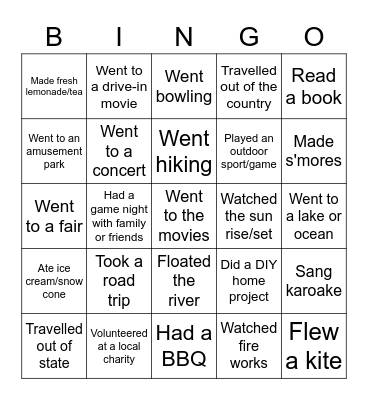 What did you do this summer? Bingo Card