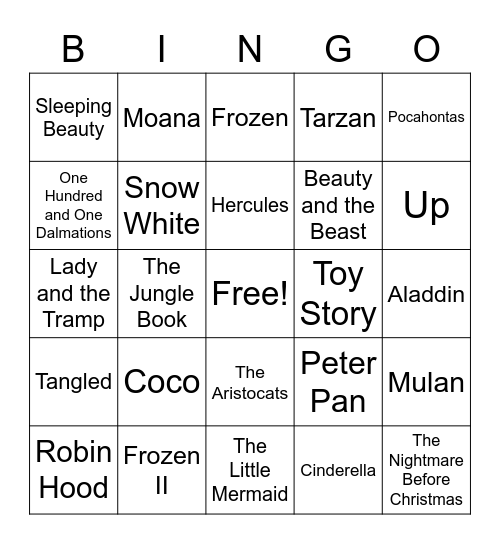 Animated Movie Music Bingo Card