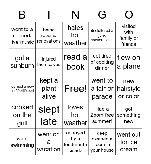 Summer Bingo Card