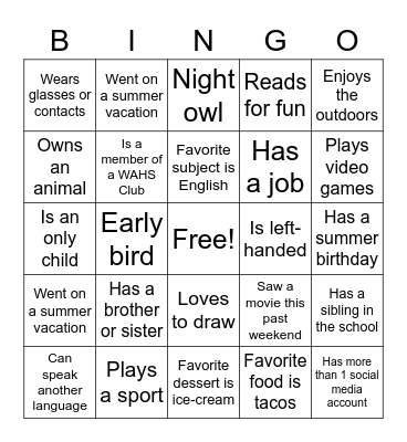 Getting to Know You Bingo Card