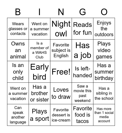 Getting to Know You Bingo Card