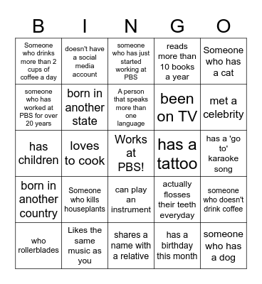 PBS Icebreaker Bingo Card