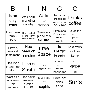 Get To Know You Bingo Card